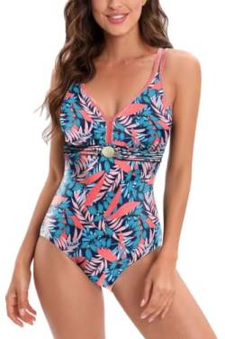 AOQUSSQOA Damen Badeanzüge Monokini Rückenfrei Bademode Swimsuit für Damen Einteiler Badeanzug(PinkLeaf, L) von AOQUSSQOA