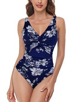 AOQUSSQOA Damen Badeanzug Einteilege Leopardenmuster Bademode Figurformend Bauchweg Bikini Große Größe Strandmode (BlueFlower, L) von AOQUSSQOA