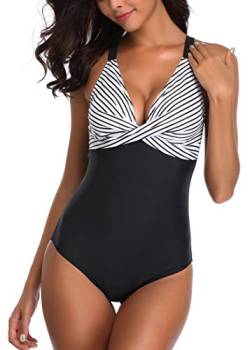 AOQUSSQOA Damen Badeanzug Einteilege Leopardenmuster Bademode Figurformend Bauchweg Bikini Große Größe Strandmode (Stripe, L) von AOQUSSQOA