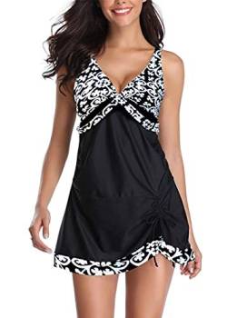 AOQUSSQOA Damen Bauchweg Tankini Große Größe Badeanzug mit Shorts Black Streifen Push up Bademode Figurformend Schwangerschaft Badekleid(WhiteFlower, 3XL) von AOQUSSQOA