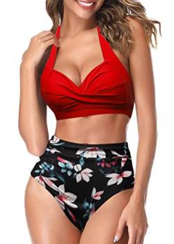 AOQUSSQOA Frauen Zweiteilige Tankini Badeanzüge High Waist Halfter Vintage Bikini Set Damen Bademode(Red, L) von AOQUSSQOA