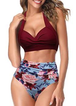 AOQUSSQOA Frauen Zweiteilige Tankini Badeanzüge High Waist Halfter Vintage Bikini Set Damen Bademode(Wine Red, S) von AOQUSSQOA