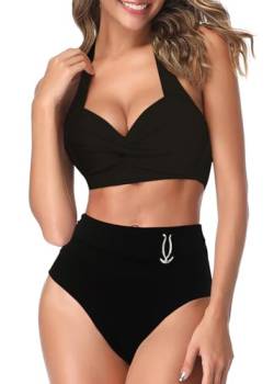 AOQUSSQOA Women Two Piece Tankini Swimsuits High Waist Halter Vintage Bikini Set Ladies Swimwear(36Black, L) von AOQUSSQOA