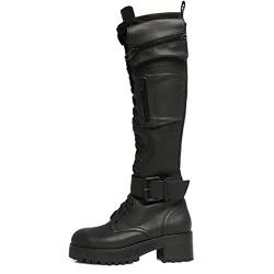 AORUIDA Damen Knie Hohe Stiefel Retro Gothic Punk Leder Schnalle Niedrig Absatz Flache Overknee Stiefel Lange Schnürstiefelette,Schwarz,41 EU von AORUIDA