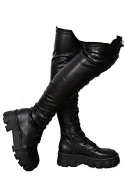 AORUIDA Damen Overknee Stiefel gotisch Punk Schwarz Leder Runde Toe Plateau Schnürstiefelette Langschaft Stiefel,Schwarz,39 EU von AORUIDA