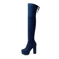 AORUIDA Damen Overknees Stiefel Herbst und Winter Wildleder Plateau mit Blockabsatz High Heels Langschaft Stiefel,Dark Blue,40 EU von AORUIDA