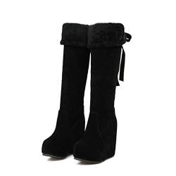 Damen Wildleder Plattform Keil High Heels Stiefel Winter warm Kunstfell Gefüttert Schneestiefel Rückseite Schnür Knie Hohe Stiefel,Schwarz,39 EU von AORUIDA