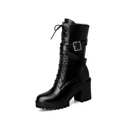 Damen mit Blockabsatz High Heels Stiefeletten Gothic Punk Leder Metallschnalle Plateau Schnürstiefeletten,Schwarz,40 EU von AORUIDA