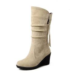 Keil High Heels Stiefel Damen Winter Runde Toe Wildleder Warme Kunstfell Gefüttert Schneestiefel Mid Calf Stiefel,Beige,47 EU von AORUIDA