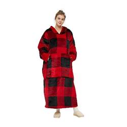 AOSEE Lange Übergroße Sherpa Hoodie Sweatshirt Decke, TV-Decke Mit Ärmeln und Taschen, Eine Größe Für alle, Für Erwachsene, Frauen, Männer (Rotes Plaid) von AOSEE