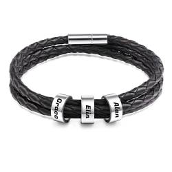 AOTXOXTOA Personalisierte Herren Ledergeflecht Armband mit 1-5 Namen Edelstahl Perlen Manschette für Frauen Gravur Brautjungfer bester Freund von AOTXOXTOA