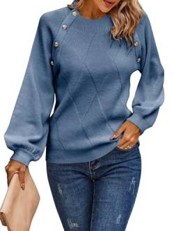 AOVDE Damen Pullover Herbst 2023 – Lange Laternenärmel, gerippter Strickpullover, Rundhalsausschnitt, Pullover Tops, Blau, Groß von AOVDE