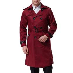 AOWOFS Herren Zweireihiger Trenchcoat mit Gürtel Revers Lang Mantel Business Jacke Frühling Übergangsjacke （ Rot XL von AOWOFS