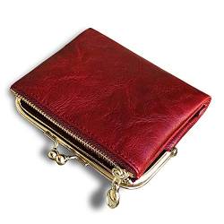 Aoxonel Geldbörse für Damen, klein, RFID, kompakt, doppelt gefaltet, Leder, Vintage-Stil, Münzgeldbörse mit Reißverschluss und Kussschloss (rot) von AOXONEL