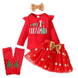 APAELEA Baby Weihnachtsoutfit Mädchen Mein Erstes Weihnachten Langarm Strampler + Rock + Beinwärmer + Schleife,Roter Polka-Punkt,0-3 Monate von APAELEA