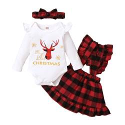 APAELEA Elch Weihnachtsoutfit Baby Mädchen Langarm Strampler Plaid Strapsrock Kleidung Set,Rot,0-3 Monate von APAELEA