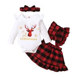 APAELEA Elch Weihnachtsoutfit Baby Mädchen Langarm Strampler Plaid Strapsrock Kleidung Set,Rot,3-6 Monate von APAELEA