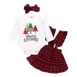 APAELEA Elch Weihnachtsoutfit Baby Mädchen Langarm Strampler Plaid Strapsrock Kleidung Set,Weiß-Rot,6-12 Monate von APAELEA