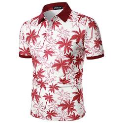 APAELEA Herren Kurzarm Polos Sommer Casual Coconut Tree Bedruckte T-Shirt Tops für Strand Urlaub,Weinrot,XXL von APAELEA