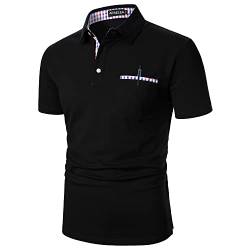 APAELEA Herren Poloshirt Kurzarm Einfarbig Freizeit Plaid Spleißen Golf T-Shirt,Schwarz mit Tasche,S von APAELEA