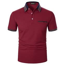 APAELEA Herren Poloshirt Kurzarm Freizeit Polo Kragen Plaid Spleißen Polohemd für Golf Tennis,Weinrot,L von APAELEA