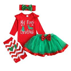 APAELEA Mein 1. Weihnachten Outfit Baby Mädchen Langarm Strampler + Rock + Beinwärmer + Schleife,0-3 Monate,Grün von APAELEA
