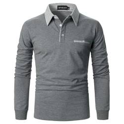 APAELEA Poloshirt Herren Baumwolle Langarm Gestreifte Revers Golf Shirts Männer Hemden Tops,Grau,M von APAELEA