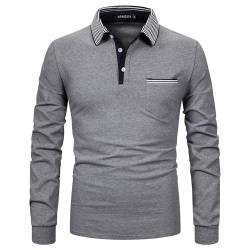 APAELEA Poloshirt Herren Baumwolle Langarm Gestreifte Revers Golf Shirts Männer Hemden Tops,Grau1,M von APAELEA