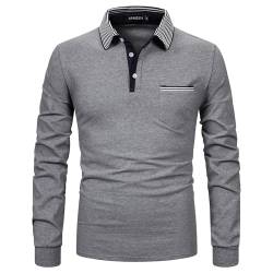 APAELEA Poloshirt Herren Baumwolle Langarm Gestreifte Revers Golf Shirts Männer Hemden Tops,Grau1,S von APAELEA