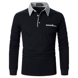 APAELEA Poloshirt Herren Baumwolle Langarm Gestreifte Revers Golf Shirts Männer Hemden Tops,Marine,M von APAELEA