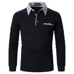 APAELEA Poloshirt Herren Baumwolle Langarm Gestreifte Revers Golf Shirts Männer Hemden Tops,Marine,XXL von APAELEA