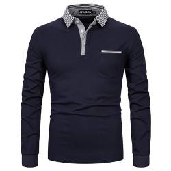 APAELEA Poloshirt Herren Baumwolle Langarm Gestreifte Revers Golf Shirts Männer Hemden Tops,Marineblau,M von APAELEA