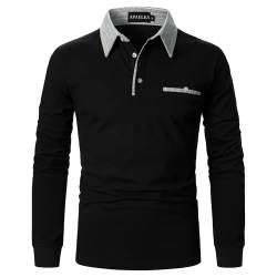 APAELEA Poloshirt Herren Baumwolle Langarm Gestreifte Revers Golf Shirts Männer Hemden Tops,Schwarz,L von APAELEA