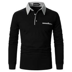 APAELEA Poloshirt Herren Baumwolle Langarm Gestreifte Revers Golf Shirts Männer Hemden Tops,Schwarz,M von APAELEA