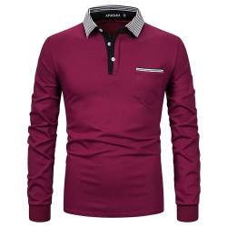 APAELEA Poloshirt Herren Baumwolle Langarm Gestreifte Revers Golf Shirts Männer Hemden Tops,Weinrot,3XL von APAELEA