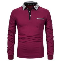 APAELEA Poloshirt Herren Baumwolle Langarm Gestreifte Revers Golf Shirts Männer Hemden Tops,Weinrot,L von APAELEA