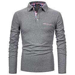 APAELEA Poloshirt Herren Baumwolle Langarm Golf T-Shirt mit Klassische Karierte Knopfleiste,Grau,XXL von APAELEA