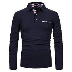 APAELEA Poloshirt Herren Baumwolle Langarm Golf T-Shirt mit Klassische Karierte Knopfleiste,Marine,M von APAELEA