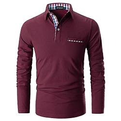 APAELEA Poloshirt Herren Baumwolle Langarm Golf T-Shirt mit Klassische Karierte Knopfleiste,Rot,3XL von APAELEA