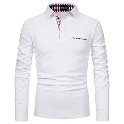 APAELEA Poloshirt Herren Baumwolle Langarm Golf T-Shirt mit Klassische Karierte Knopfleiste,Weiß,L von APAELEA
