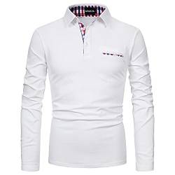 APAELEA Poloshirt Herren Baumwolle Langarm Golf T-Shirt mit Klassische Karierte Knopfleiste,Weiß,XXL von APAELEA