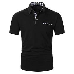 APAELEA Poloshirt Herren Kurzarm Freizeit Polohemd Golf Tops with Gefälschte Brusttasche Dekoration,Schwarz,L von APAELEA