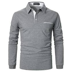 APAELEA Poloshirt Herren Langarm Streifen T-Shirt Baumwolle Casual Polohemd für Männer,Grau,XXL von APAELEA