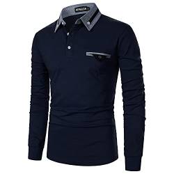 APAELEA Poloshirt Herren Langarm Streifen T-Shirt Baumwolle Casual Polohemd für Männer,Navy Blau,M von APAELEA