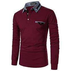 APAELEA Poloshirt Herren Langarm Streifen T-Shirt Baumwolle Casual Polohemd für Männer,Weinrot,L von APAELEA