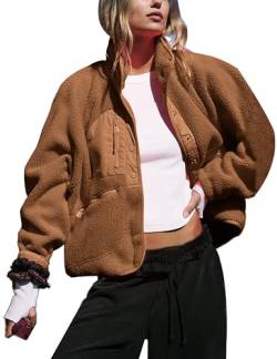 APAFES Damen Cropped Sherpa Gefüttert Fleece Jacke Winter Warm Button Down Fuzzy Mäntel Shacket Oberbekleidung mit Taschen, Braun, S von APAFES