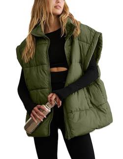 APAFES Damen Winter Oversized Puffer Weste Leichte Stehkragen Flysleeve Isolierte Gepolsterte Puffer Jacken Mantel mit Taschen, Army Grün, L von APAFES