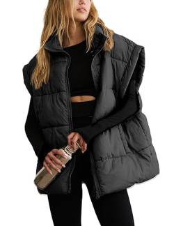 APAFES Damen Winter Oversized Puffer Weste Leichte Stehkragen Flysleeve Isolierte Gepolsterte Puffer Jacken Mantel mit Taschen, Schwarz, S von APAFES