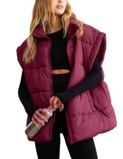 APAFES Damen Winter Oversized Puffer Weste Leichte Stehkragen Flysleeve Isolierte Gepolsterte Puffer Jacken Mantel mit Taschen, Weinrot, S von APAFES