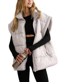 APAFES Damen Winter Oversized Puffer Weste Leichte Stehkragen Flysleeve Isolierte Gepolsterte Puffer Jacken Mantel mit Taschen, aprikose, L von APAFES